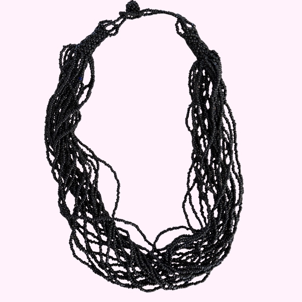 Vintage Multi Layer Black Seed Bead Statement Necklace